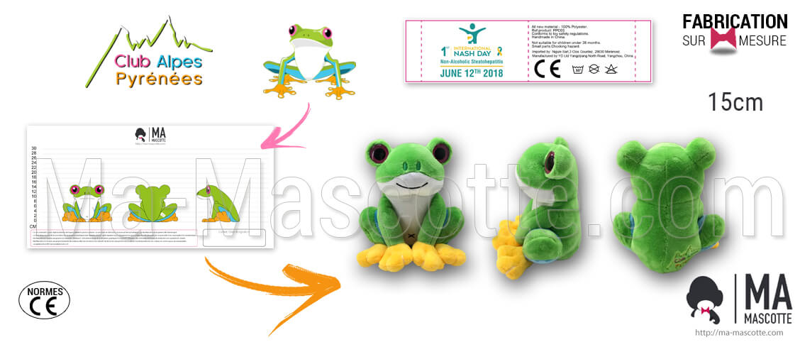 Fabrication Peluche Sur Mesure grenouille CLUB ALPES PYRÉNÉES (peluche animal sur mesure).