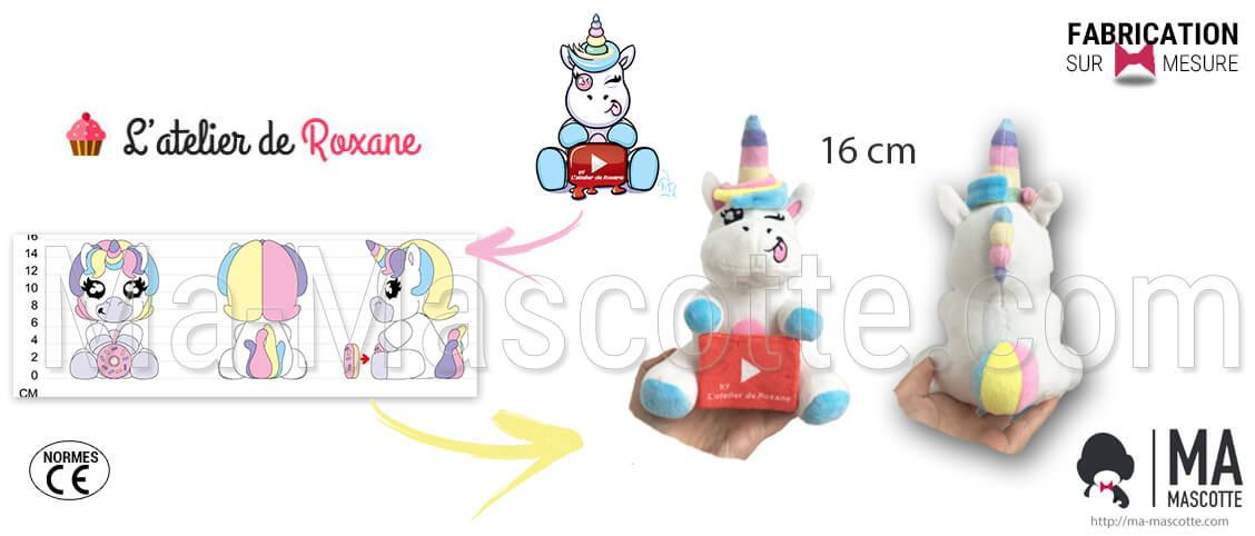Fabrication Peluche Sur Mesure licorne atelier roxane. Peluche Publicitaire.