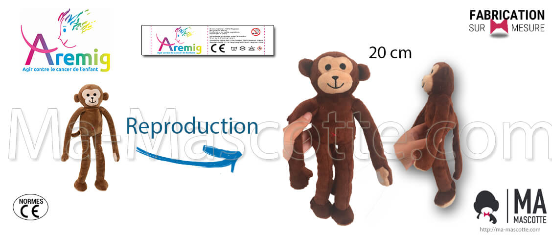Fabrication Peluche Sur Mesure singe aremig. Peluche Publicitaire.