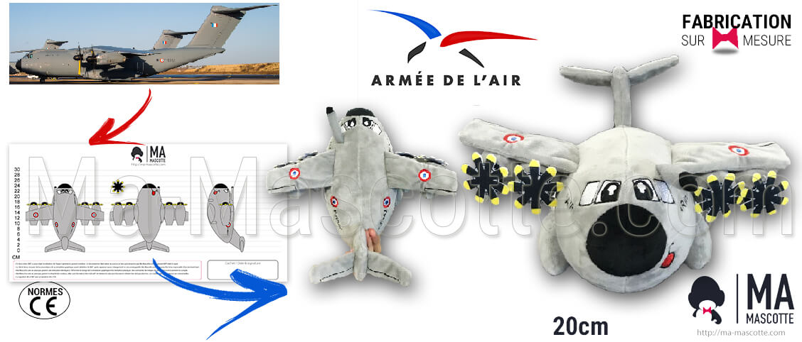 Plane plush toy custom manufacturing for the French air army. Plane plush toy supplier.