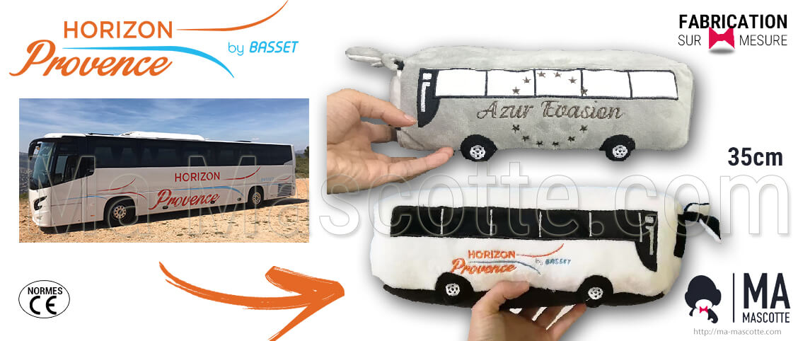 Bus plush toy for Horizon Provence and Azur Evasion. Bus custom plush toy manufacturing.