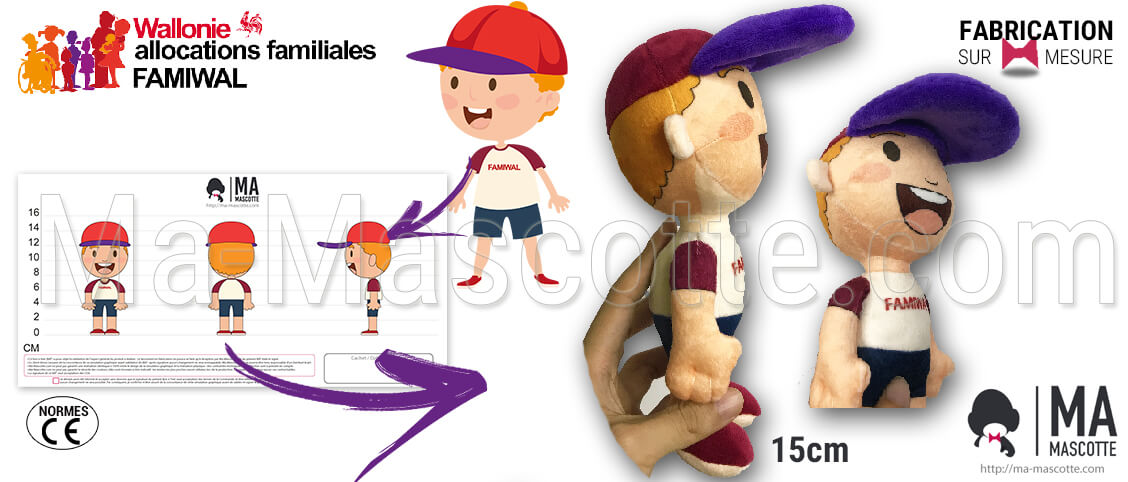 Peluche personnage garçon pour Famiwal et la caisse d'allocations familiales de la Wallonie. Fabricant peluche sur mesure personnage.