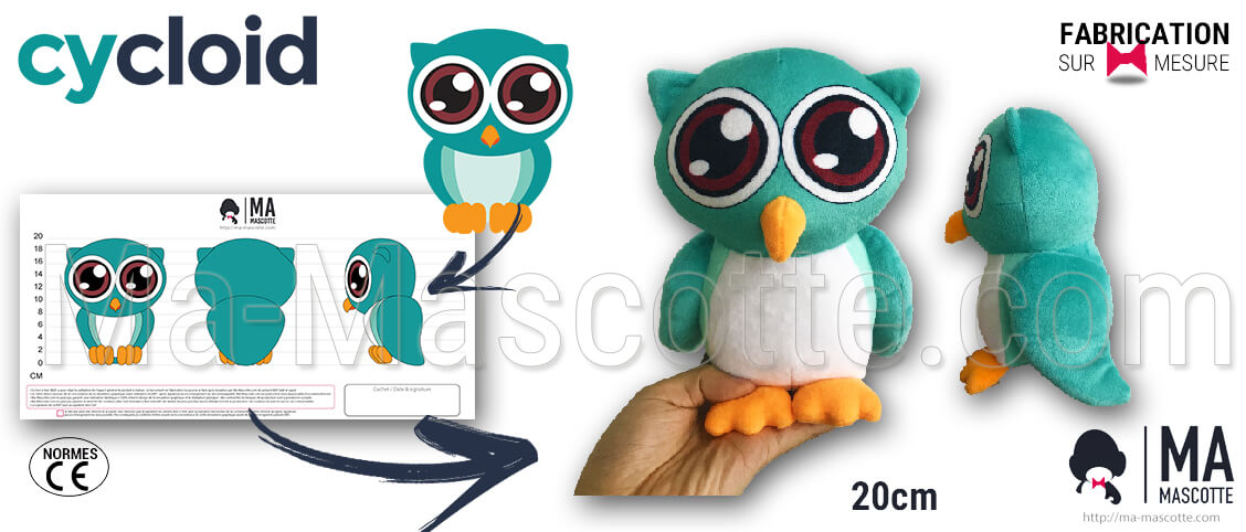 Owl soft toy for Cycloid. Special production of owl plush tpy. International plush manufacturer.