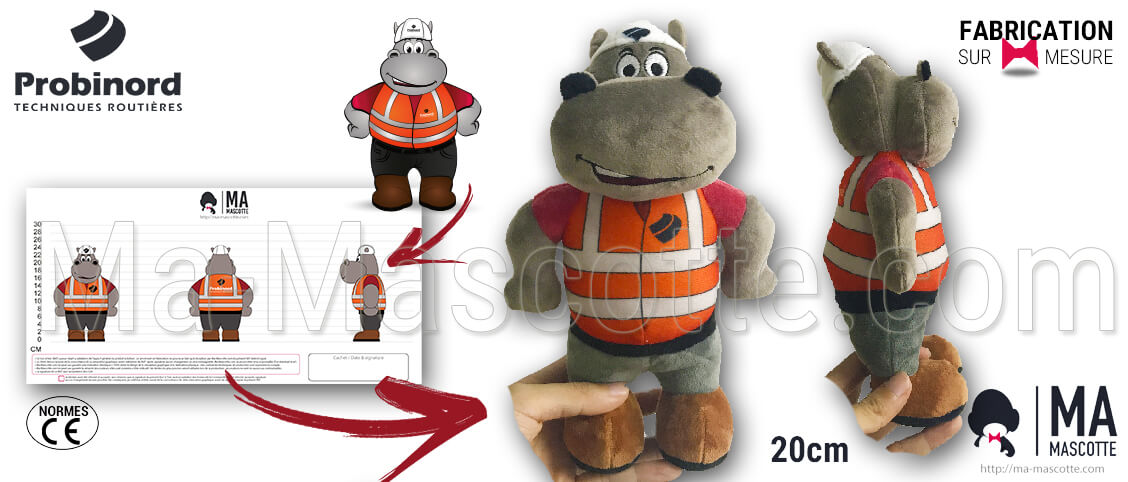Custom made hippo plush toy for Probinord. Personalized and custom hippo plush soft toy.