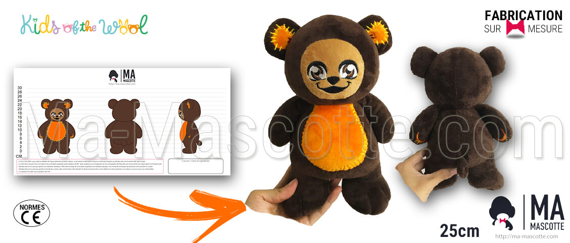 Original creation of a teddy bear for the Kids of Whool client. Custom bear plush with embroidery details.