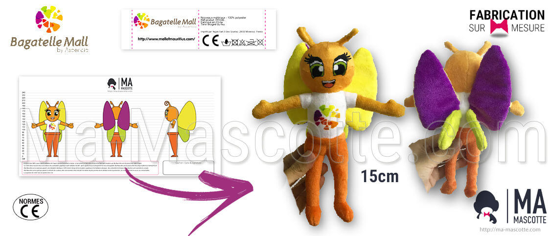 Butterfly plush custom made for the client Bagatelle Mall. Supplier of plush goodies for shopping centers.