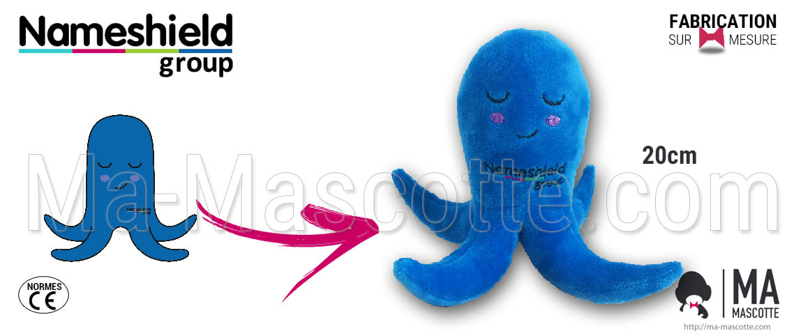 Peluche de pieuvre pour la marque Nameshield. Création peluche sur mesure pieuvre bleue.
