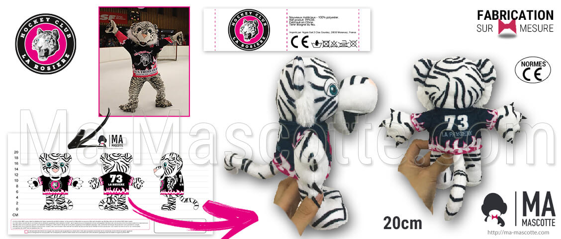 Tiger plush toy for La Rosiere hockey club. Custom made tiger plush with hockey jersey.