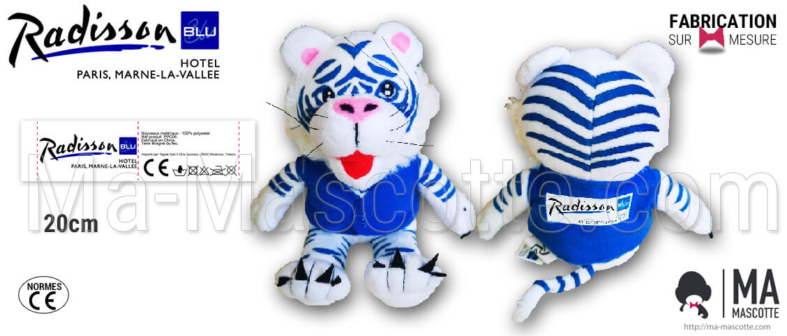 Custom tiger teddy plush toy for Radisson Blue Hotel. Hotel plush supplier. Manufacturer of custom tiger plush.