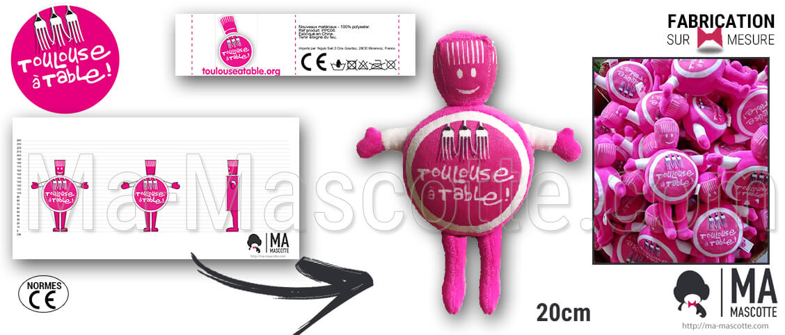 Original design of a custom plush for Toulouse à Table. Manufacturer of soft toys for restaurants and businesses.