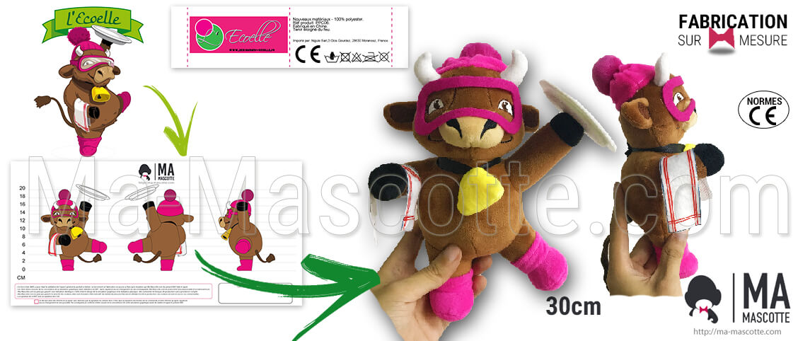 Peluche de vache de station de ski pour le restaurant l'ecoelle. Fabrication sur mesure peluche vache rigolote.