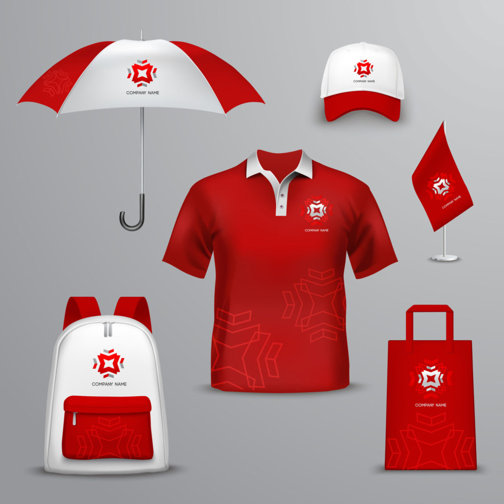 Promotional souvenirs for company in red and white colors design icons set with elements of clothing and accessories isolated vector illustration