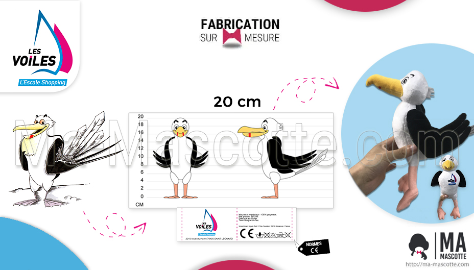 Custom made plush toy of a seagull from Les Voiles - L'Escale Shopping